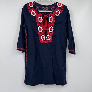 J. Crew Cover-Up Navy Blue & Red Embroidered Floral Beach Tunic Dress woman’s si